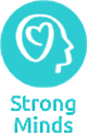 Logo of a person's head with a heart for a brain with the words "Strong Minds."